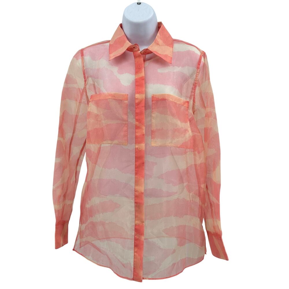 Rachel Zoe Shirt WMNS Sheer Button Front Pink/Peach Abstract Print SZ S Resort